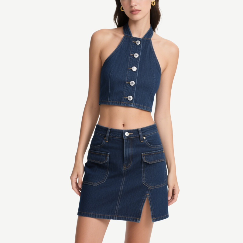 Summer Chic Denim Halter Crop Top & Mini Skirt Set