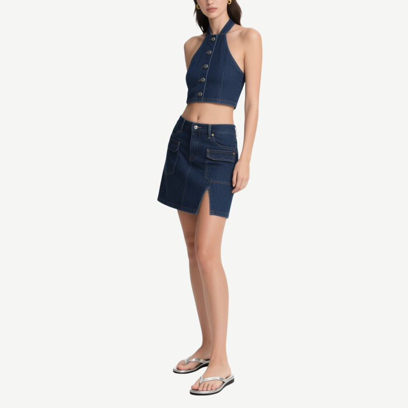 Summer Chic Denim Halter Crop Top & Mini Skirt Set