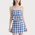 Trendy Gingham Two - Piece Spaghetti Strap Ruffled Crop Top and Mini Skirt