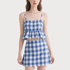 Trendy Gingham Two - Piece Spaghetti Strap Ruffled Crop Top and Mini Skirt
