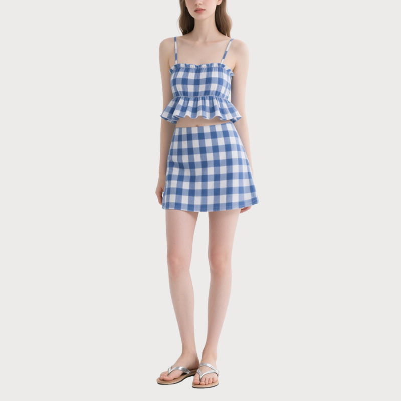 Trendy Gingham Two - Piece Spaghetti Strap Ruffled Crop Top and Mini Skirt