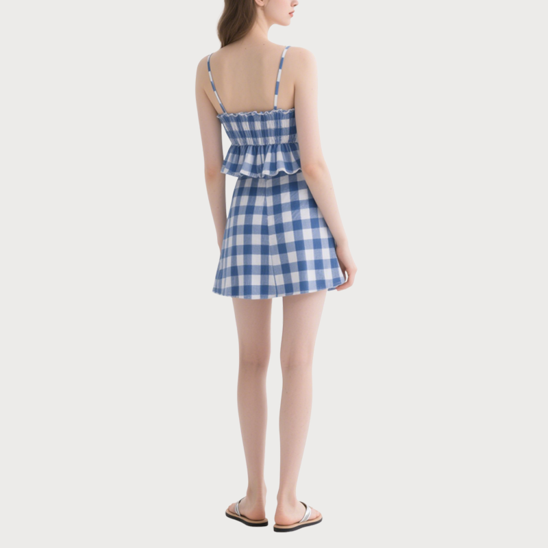 Trendy Gingham Two - Piece Spaghetti Strap Ruffled Crop Top and Mini Skirt