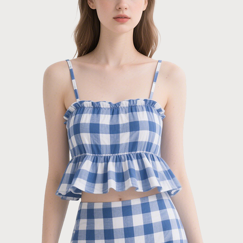Trendy Gingham Two - Piece Spaghetti Strap Ruffled Crop Top and Mini Skirt
