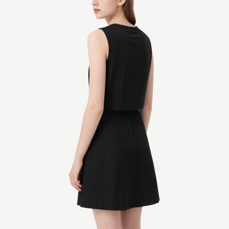 Classic Black Checkered Sleeveless Crop Top & Mini Skirt Set
