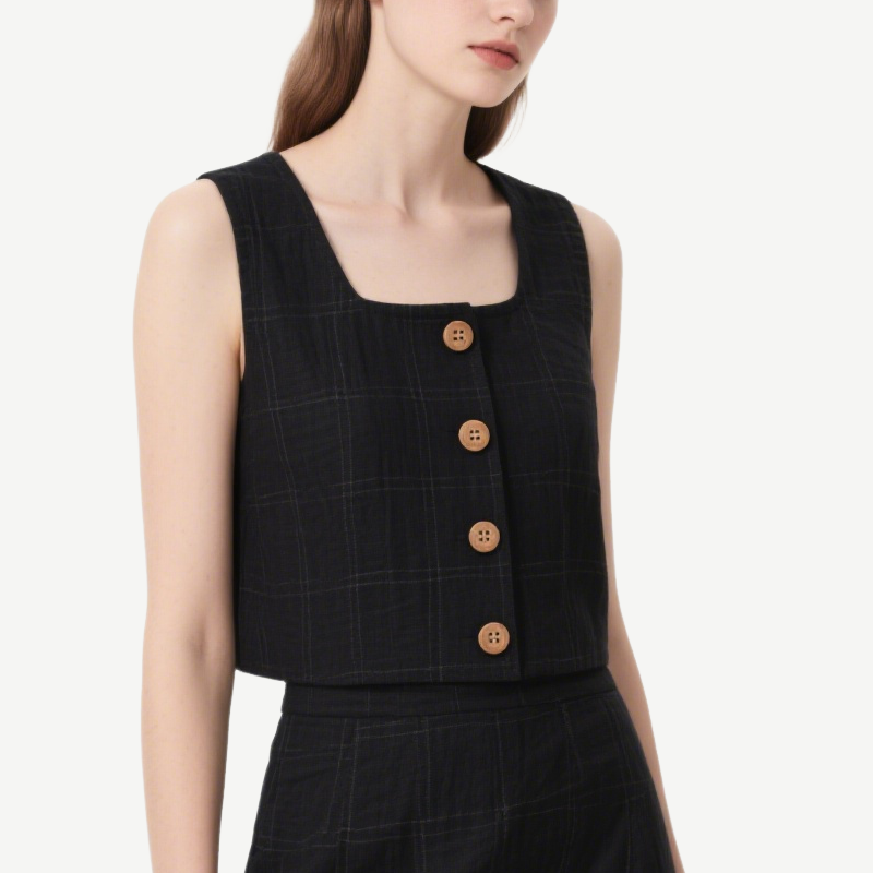 Classic Black Checkered Sleeveless Crop Top & Mini Skirt Set