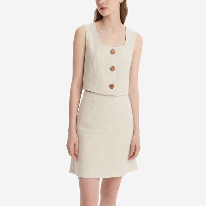 Stylish Two Piece Buttoned Sleeveless Crop Top and Flared Mini Skirt