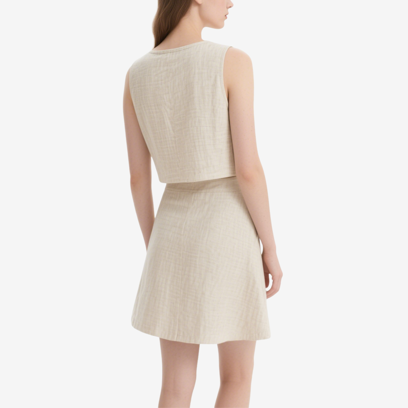 Stylish Two Piece Buttoned Sleeveless Crop Top and Flared Mini Skirt