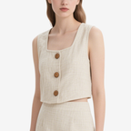 Stylish Two Piece Buttoned Sleeveless Crop Top and Flared Mini Skirt
