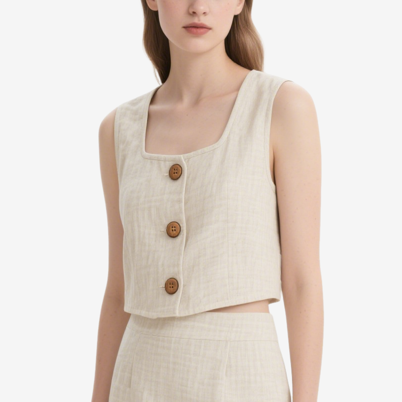 Stylish Two Piece Buttoned Sleeveless Crop Top and Flared Mini Skirt