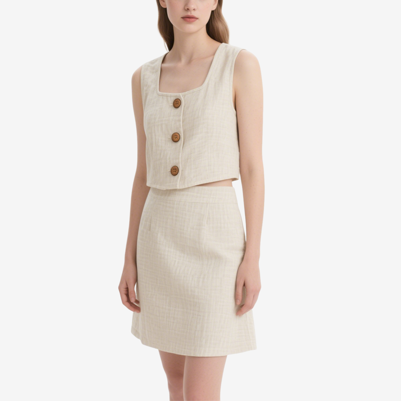 Stylish Two Piece Buttoned Sleeveless Crop Top and Flared Mini Skirt