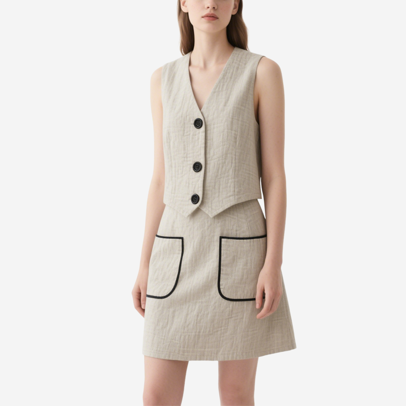 Chic Elegant V-neck Sleeveless Vest & Pocketed Mini Skirt Set