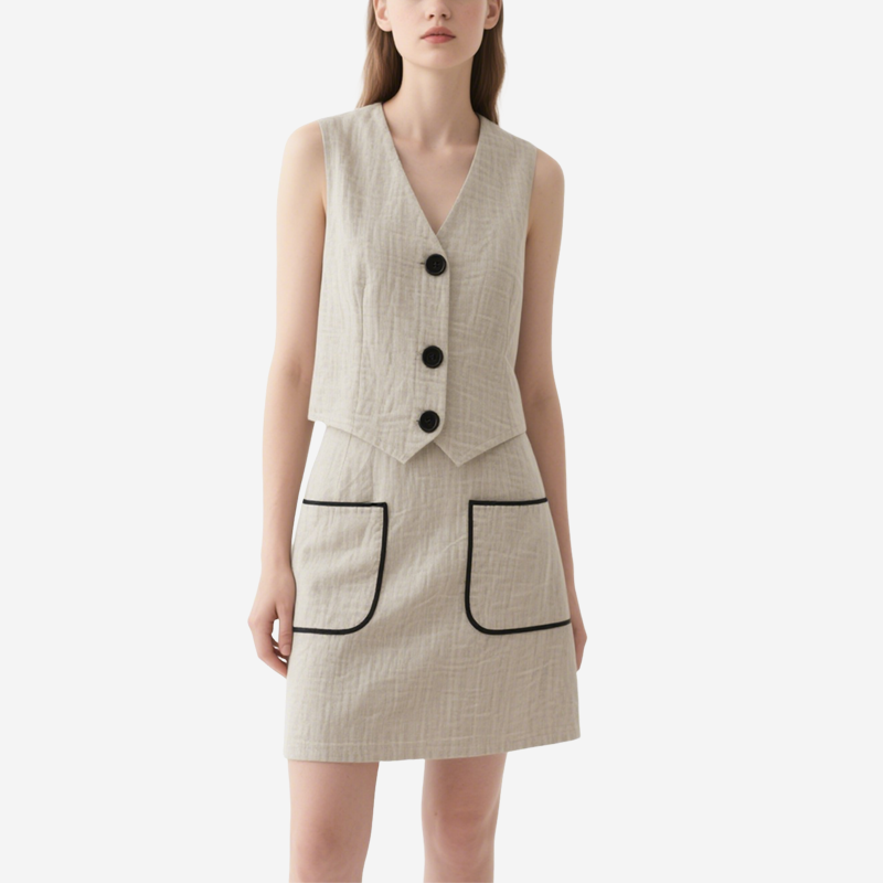 Chic Elegant V-neck Sleeveless Vest & Pocketed Mini Skirt Set