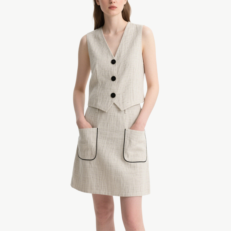 Chic V-neck Button Front Vest with Contrast Trim Pocketed Mini Skirt