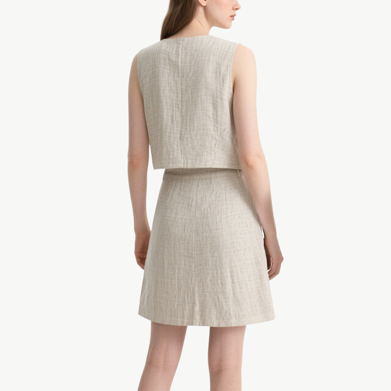Chic V-neck Button Front Vest with Contrast Trim Pocketed Mini Skirt