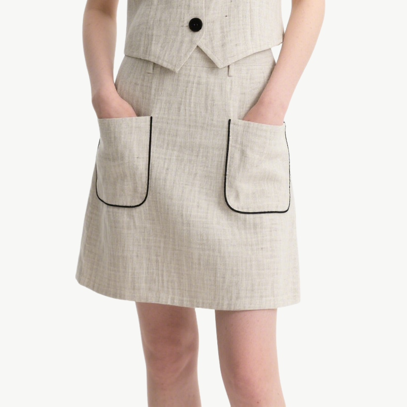 Chic V-neck Button Front Vest with Contrast Trim Pocketed Mini Skirt