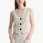 Chic V-neck Button Front Vest with Contrast Trim Pocketed Mini Skirt