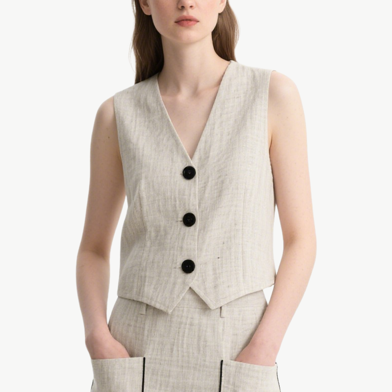 Chic V-neck Button Front Vest with Contrast Trim Pocketed Mini Skirt