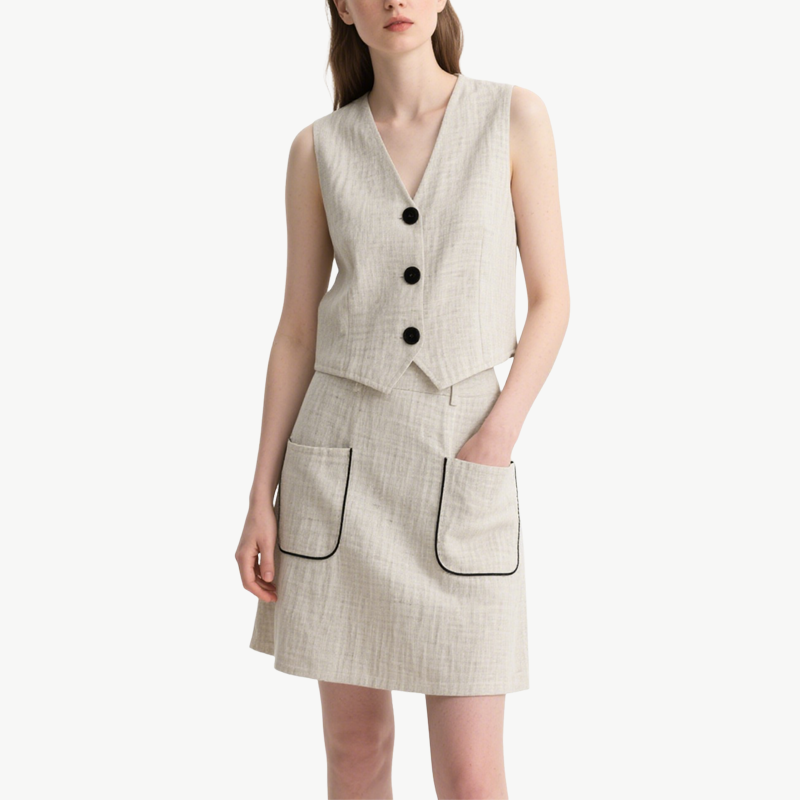 Chic V-neck Button Front Vest with Contrast Trim Pocketed Mini Skirt