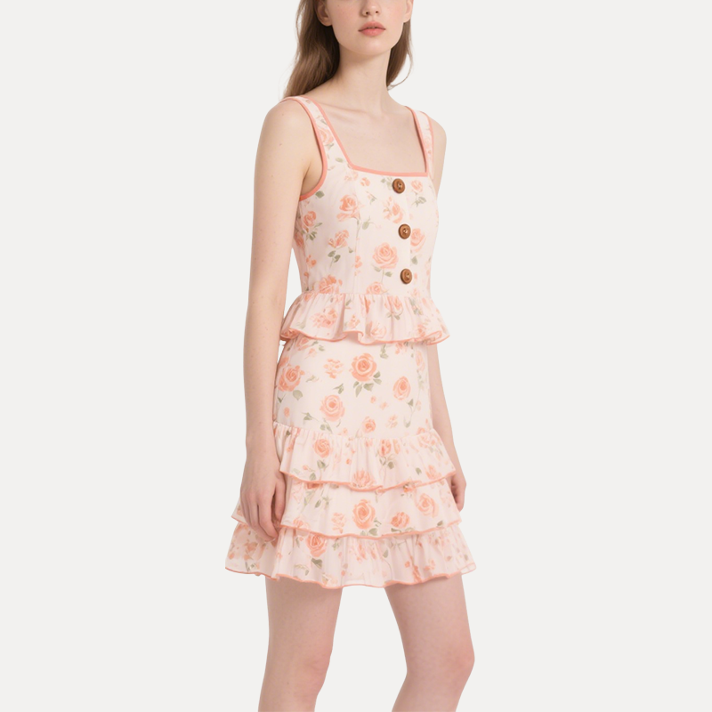 Romantic Floral Square Neck Ruffled Crop Top & Tiered Mini Skirt Set