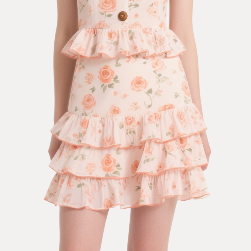 Romantic Floral Square Neck Ruffled Crop Top & Tiered Mini Skirt Set