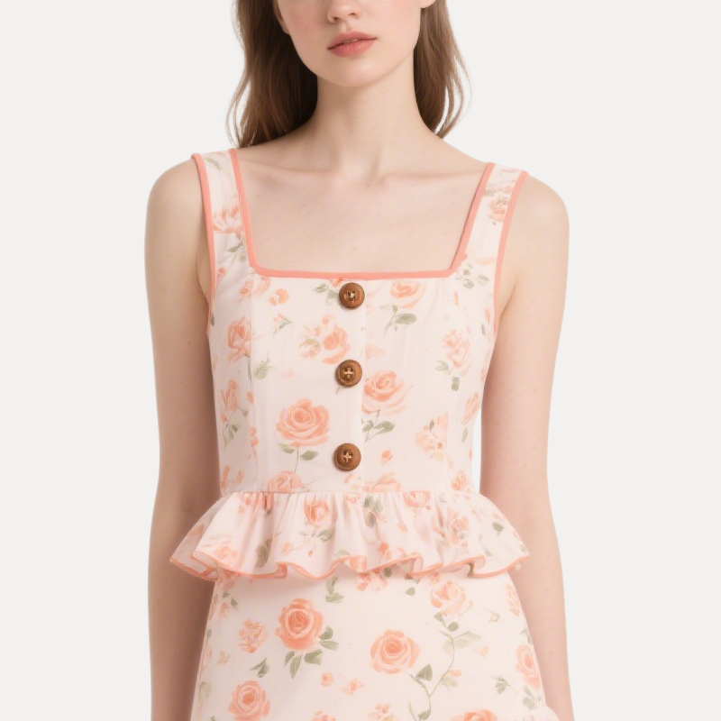 Romantic Floral Square Neck Ruffled Crop Top & Tiered Mini Skirt Set