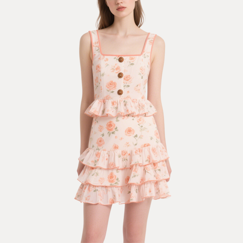 Romantic Floral Square Neck Ruffled Crop Top & Tiered Mini Skirt Set
