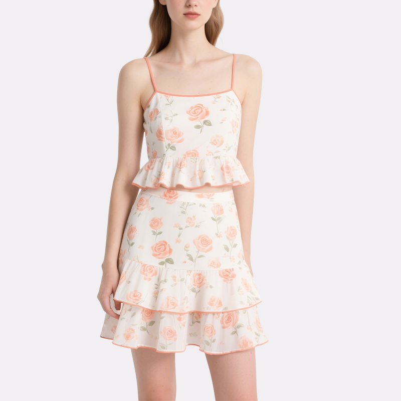Floral Spaghetti Strap Crop Top & Tiered Mini Skirt Set