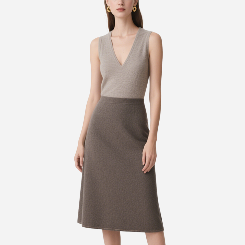 Elegant V-neck Sleeveless Knit Top & Midi Skirt Set Sleeveless Knit Outfit
