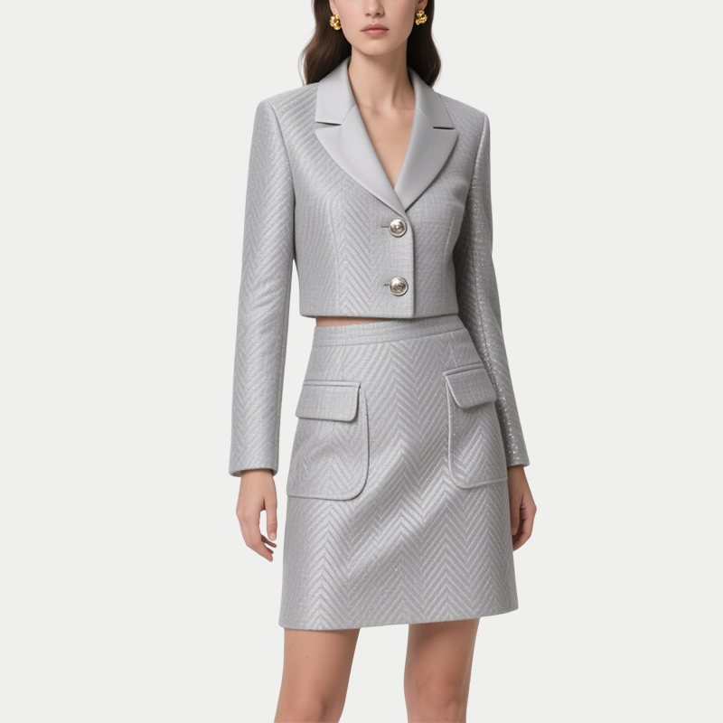 Chic Silver Double Breasted Blazer and Mini Skirt Set