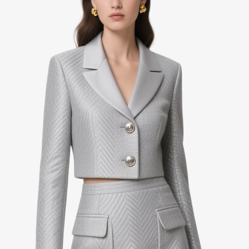 Chic Silver Double Breasted Blazer and Mini Skirt Set