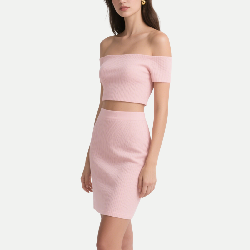 Trendy Sweet Ribbed Off Shoulder Crop Top & Mini Skirt Set