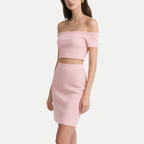 Trendy Sweet Ribbed Off Shoulder Crop Top & Mini Skirt Set