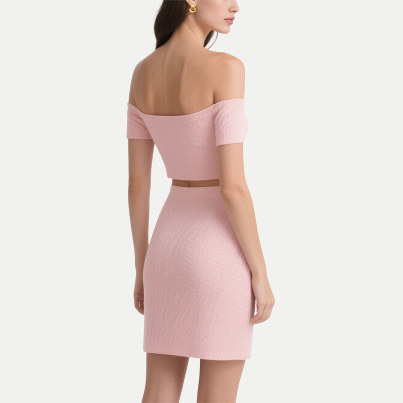 Trendy Sweet Ribbed Off Shoulder Crop Top & Mini Skirt Set