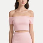 Trendy Sweet Ribbed Off Shoulder Crop Top & Mini Skirt Set