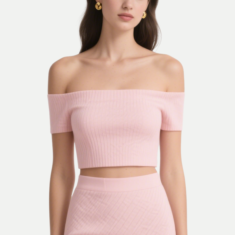 Trendy Sweet Ribbed Off Shoulder Crop Top & Mini Skirt Set