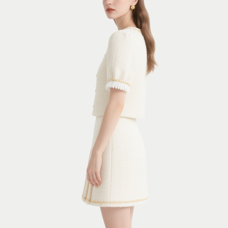 Elegant Tweed Square Neck Crop Top & Pleated Mini Skirt Set