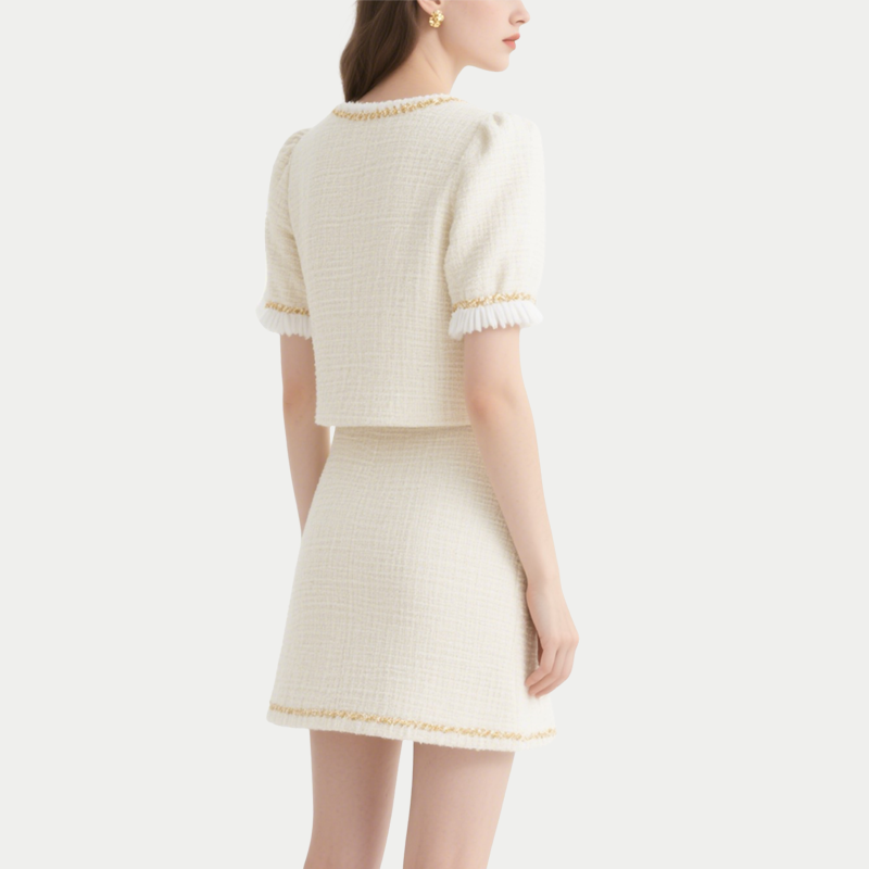 Elegant Tweed Square Neck Crop Top & Pleated Mini Skirt Set