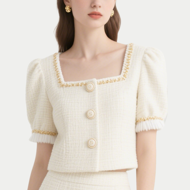 Elegant Tweed Square Neck Crop Top & Pleated Mini Skirt Set