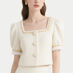 Elegant Tweed Square Neck Crop Top & Pleated Mini Skirt Set