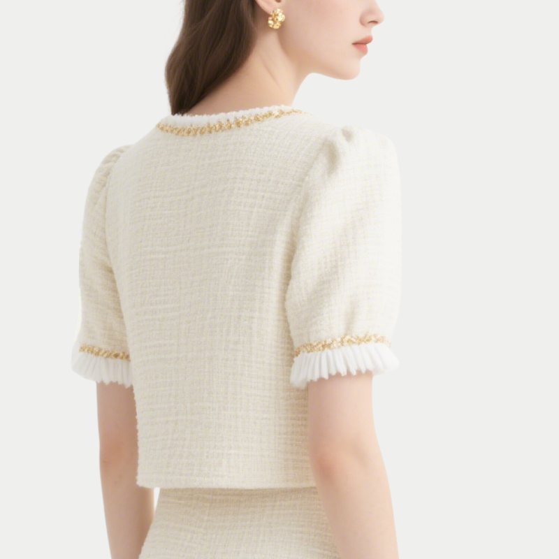 Elegant Tweed Square Neck Crop Top & Pleated Mini Skirt Set