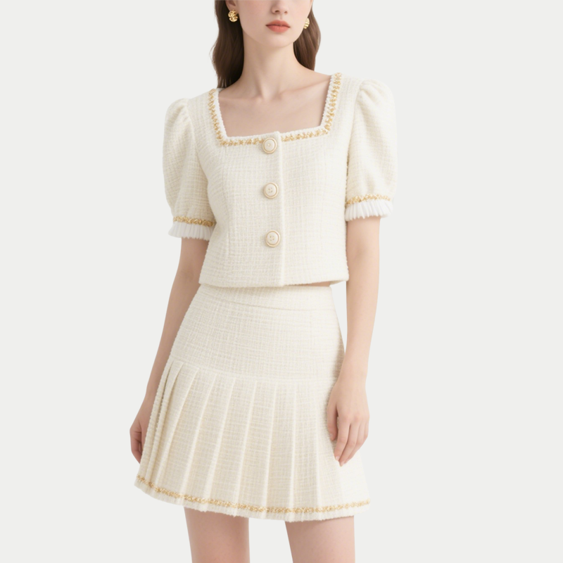 Elegant Tweed Square Neck Crop Top & Pleated Mini Skirt Set