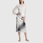Elegant White Lace Sleeve Top and Abstract Ink Wash Midi Skirt Set