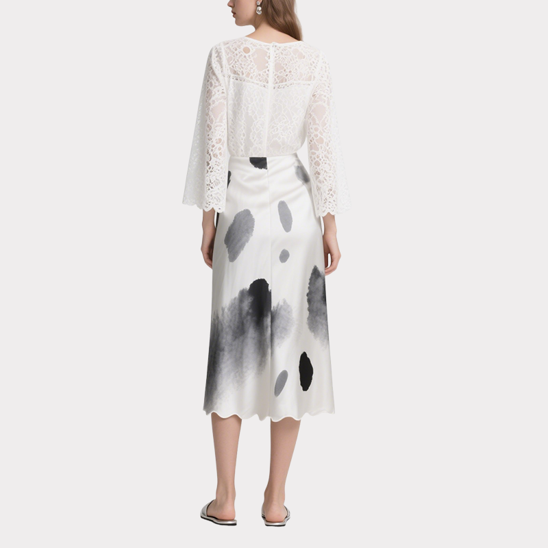 Elegant White Lace Sleeve Top and Abstract Ink Wash Midi Skirt Set