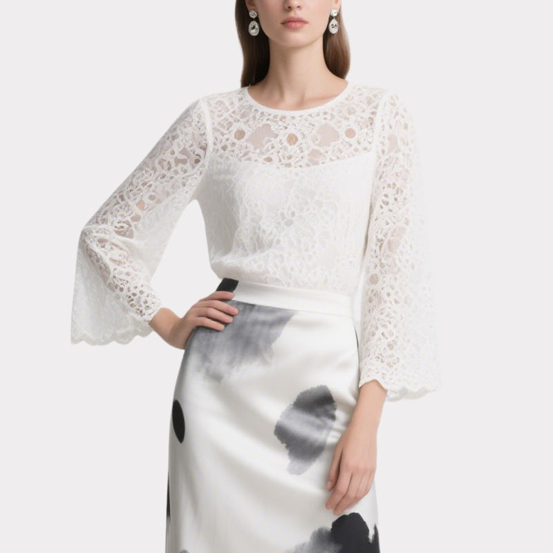 Elegant White Lace Sleeve Top and Abstract Ink Wash Midi Skirt Set