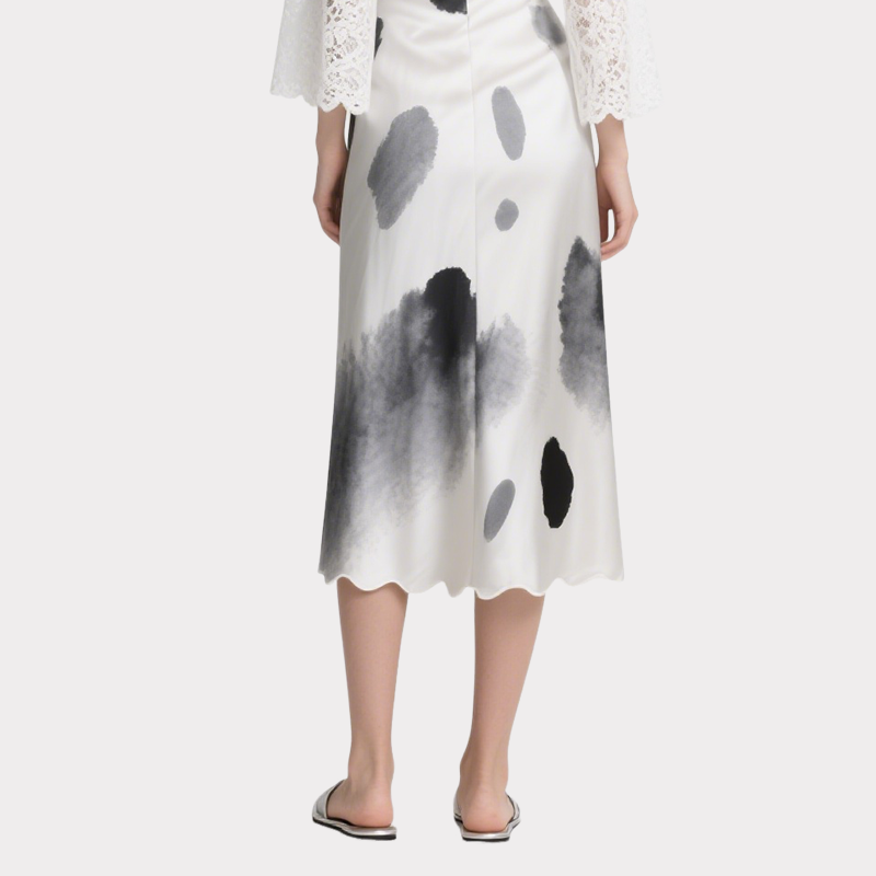 Elegant White Lace Sleeve Top and Abstract Ink Wash Midi Skirt Set
