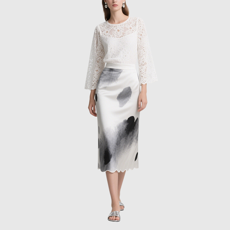Elegant White Lace Sleeve Top and Abstract Ink Wash Midi Skirt Set
