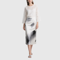 Elegant White Lace Sleeve Top and Abstract Ink Wash Midi Skirt Set