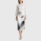 Elegant White Lace Sleeve Top and Abstract Ink Wash Midi Skirt Set