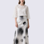 Stylish White Long Sleeve Lace Top and Artistic Midi Skirt Set