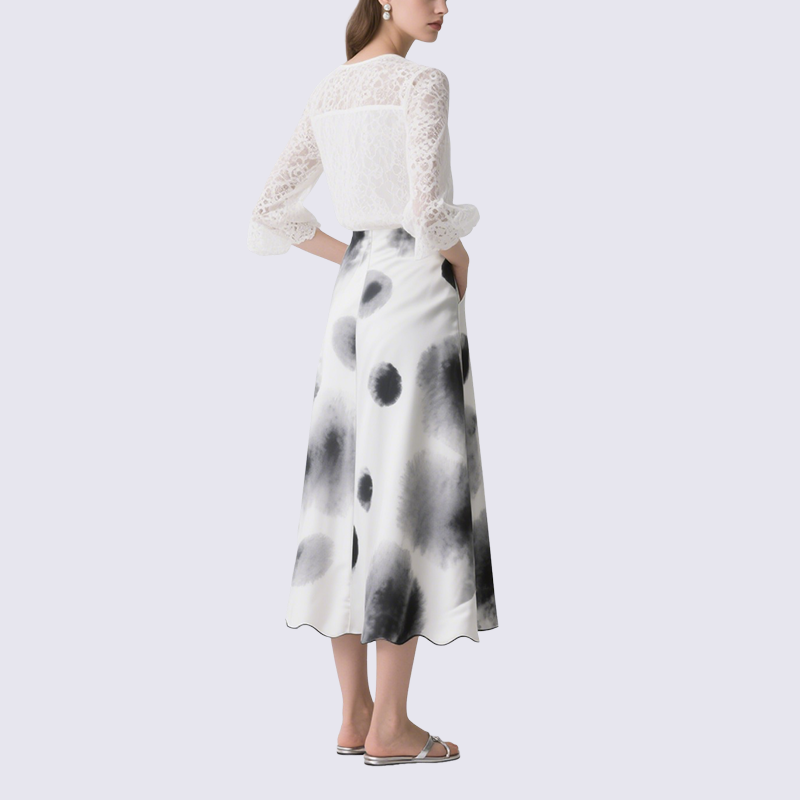 Stylish White Long Sleeve Lace Top and Artistic Midi Skirt Set
